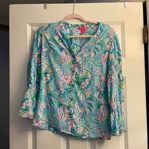 Lily Pulitzer Button Down Blouse With Cinched Sleeves